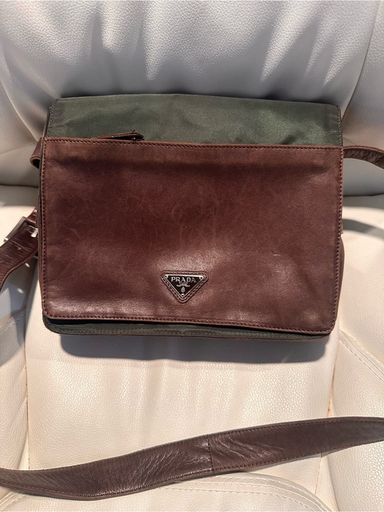 Prada Handbags - Prada Brown Leather & Green Nylon Messenger Bag